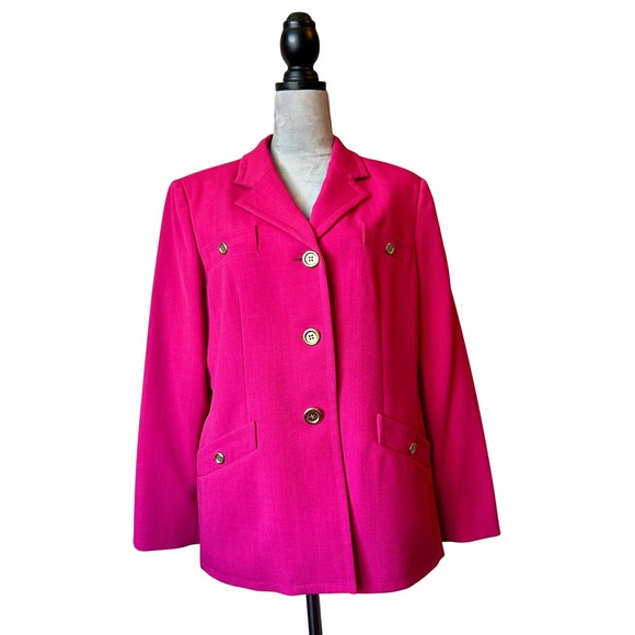 Kasper Petite Blazer Hot Pink Gold‎ Buttons Career Jacket Size 16P - Picture 1 of 12